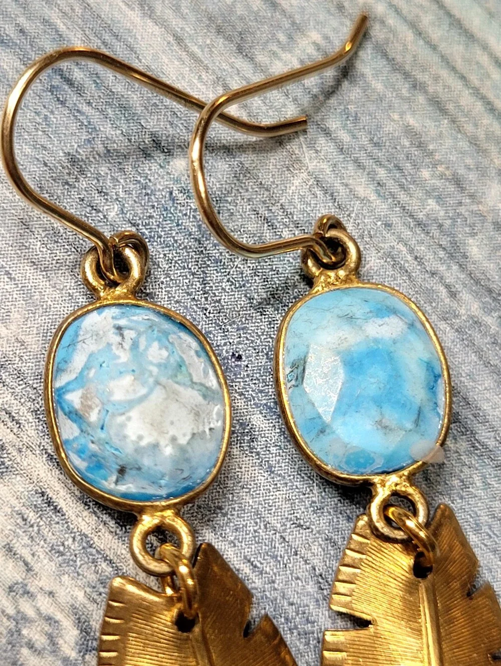 Gold Palm Leaves Drop Earrings with Blue Stone